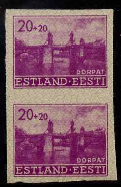 Estonia - German Occupation 1941 Stone Bridge 20+20 (k) bright purple from Reconstruction set, imperf pair on ungummed paper, as SG 7, stamps on bridges, stamps on  ww2 , stamps on 