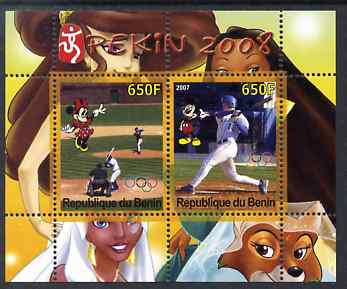 Benin 2007 Beijing Olympic Games #21 - Baseball (5) perf s/sheet containing 2 values (Disney characters in background) unmounted mint. Note this item is privately produce..., stamps on sport, stamps on olympics, stamps on disney, stamps on baseball
