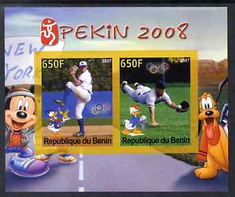 Benin 2007 Beijing Olympic Games #09 - Baseball (3) imperf s/sheet containing 2 values (Disney characters in background) unmounted mint. Note this item is privately produ..., stamps on sport, stamps on olympics, stamps on disney, stamps on baseball