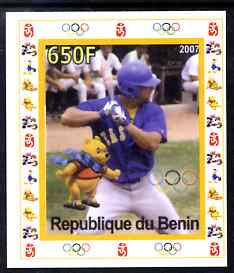 Benin 2007 Baseball #02 individual imperf deluxe sheet with Olympic Rings & Disney Character unmounted mint, stamps on sport, stamps on olympics, stamps on baseball, stamps on disney