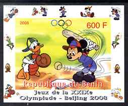 Benin 2008 Disney Characters playing Baseball #01 individual imperf deluxe sheet with Olympic Rings unmounted mint. Note this item is privately produced and is offered purely on its thematic appeal, stamps on sport, stamps on olympics, stamps on baseball, stamps on disney