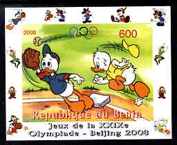 Benin 2008 Disney Characters playing Baseball #02 individual imperf deluxe sheet with Olympic Rings unmounted mint. Note this item is privately produced and is offered pu..., stamps on sport, stamps on olympics, stamps on baseball, stamps on disney