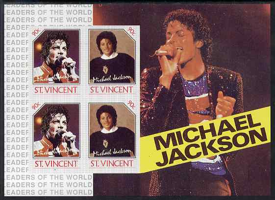 St Vincent 1985 Michael Jackson m/sheet containg 4 x 90c values imperf from limited printing unmounted mint as SG MS 948b, stamps on , stamps on  stamps on music, stamps on  stamps on personalities, stamps on  stamps on pops, stamps on  stamps on rock