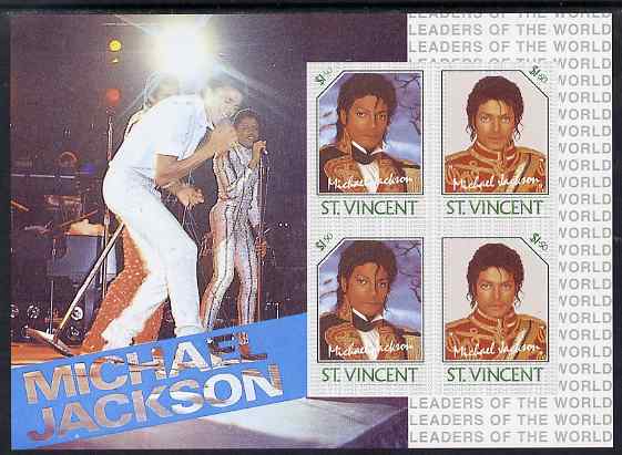 St Vincent 1985 Michael Jackson m/sheet containg 4 x $1.50 values imperf from limited printing unmounted mint as SG MS 948c, stamps on music, stamps on personalities, stamps on pops, stamps on rock