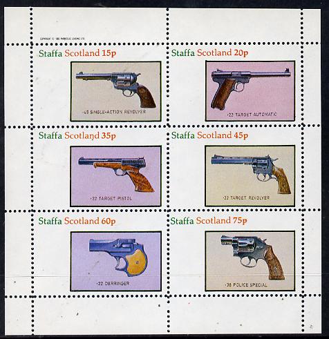 Staffa 1982 Pistols (45 Revolver, Derringer etc) perf set of 6 values (15p to 75p) unmounted mint, stamps on militaria, stamps on firearms
