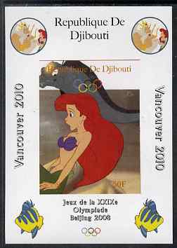 Djibouti 2008 Beijing & Vancouver Olympics - Disney - The Little Mermaid imperf deluxe sheet #1 unmounted mint. Note this item is privately produced and is offered purely on its thematic appeal, stamps on olympics, stamps on disney, stamps on cartoons, stamps on films, stamps on cinema, stamps on movies, stamps on fairy tales, stamps on marine life
