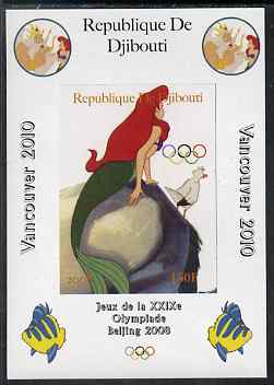Djibouti 2008 Beijing & Vancouver Olympics - Disney - The Little Mermaid imperf deluxe sheet #2 unmounted mint. Note this item is privately produced and is offered purely on its thematic appeal, stamps on olympics, stamps on disney, stamps on cartoons, stamps on films, stamps on cinema, stamps on movies, stamps on fairy tales, stamps on marine life