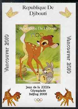 Djibouti 2008 Beijing & Vancouver Olympics - Disney - Bambi imperf deluxe sheet #1 unmounted mint. Note this item is privately produced and is offered purely on its thema..., stamps on olympics, stamps on disney, stamps on cartoons, stamps on films, stamps on cinema, stamps on movies, stamps on fairy tales, stamps on deer