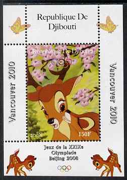 Djibouti 2008 Beijing & Vancouver Olympics - Disney - Bambi perf deluxe sheet #2 unmounted mint. Note this item is privately produced and is offered purely on its thematic appeal, stamps on olympics, stamps on disney, stamps on cartoons, stamps on films, stamps on cinema, stamps on movies, stamps on fairy tales, stamps on deer