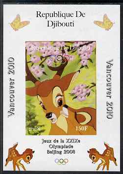 Djibouti 2008 Beijing & Vancouver Olympics - Disney - Bambi imperf deluxe sheet #2 unmounted mint. Note this item is privately produced and is offered purely on its thematic appeal, stamps on olympics, stamps on disney, stamps on cartoons, stamps on films, stamps on cinema, stamps on movies, stamps on fairy tales, stamps on deer