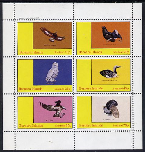 Bernera 1982 Birds #12 (Golden Eagle, Snowy Owl, Grouse etc) perf set of 6 values (15p to 75p) unmounted mint, stamps on birds, stamps on owls, stamps on birds of prey, stamps on eagles, stamps on grouse, stamps on osprey, stamps on diver