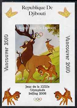 Djibouti 2008 Beijing & Vancouver Olympics - Disney - Bambi imperf deluxe sheet #4 unmounted mint. Note this item is privately produced and is offered purely on its thema..., stamps on olympics, stamps on disney, stamps on cartoons, stamps on films, stamps on cinema, stamps on movies, stamps on fairy tales, stamps on deer