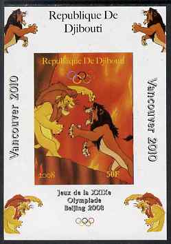 Djibouti 2008 Beijing & Vancouver Olympics - Disney - The Lion King imperf deluxe sheet #1 unmounted mint. Note this item is privately produced and is offered purely on its thematic appeal, stamps on olympics, stamps on disney, stamps on cartoons, stamps on films, stamps on cinema, stamps on movies, stamps on fairy tales, stamps on cats, stamps on lions