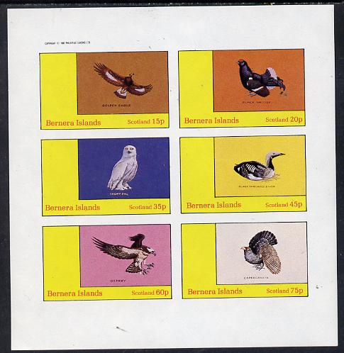 Bernera 1982 Birds #12 (Golden Eagle, Snowy Owl, Grouse etc) imperf set of 6 values (15p to 75p) unmounted mint, stamps on birds, stamps on owls, stamps on birds of prey, stamps on eagles, stamps on grouse, stamps on osprey, stamps on diver