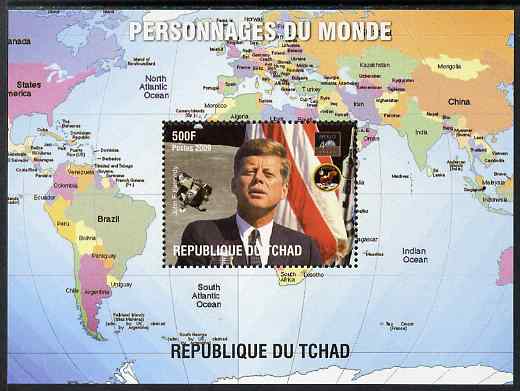 Chad 2009 World Personalities - John F Kennedy perf s/sheet unmounted mint. Note this item is privately produced and is offered purely on its thematic appeal. , stamps on personalities, stamps on kennedy, stamps on usa presidents, stamps on americana, stamps on maps, stamps on flags