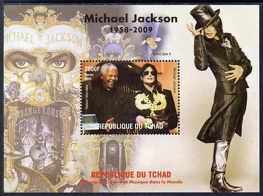 Chad 2009 Michael Jackson #2 with Nelson Mandela perf s/sheet unmounted mint. Note this item is privately produced and is offered purely on its thematic appeal. , stamps on , stamps on personalities, stamps on mandela, stamps on nobel, stamps on peace, stamps on racism, stamps on human rights, stamps on music, stamps on pops, stamps on rock, stamps on dancing