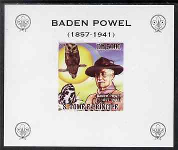 St Thomas & Prince Islands 2008 Baden Powell #2 individual imperf deluxe sheet unmounted mint. Note this item is privately produced and is offered purely on its thematic appeal, stamps on personalities, stamps on scouts, stamps on owls, stamps on butterflies