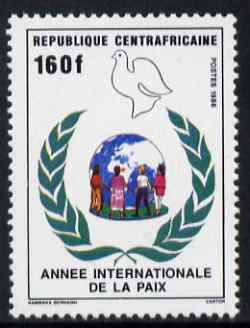 Central African Republic 1986 International Peace Year 160f unmounted mint SG 1228, stamps on peace, stamps on doves, stamps on globes