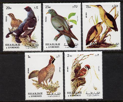 Sharjah 1972 Birds #1 perf set of 5 unmounted mint, Mi 1036-40A, stamps on birds      grouse     dove    bittern    sparrow    game