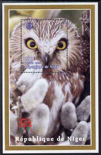 Niger Republic 1998 Italia 98 perf s/sheet featuring an Owl with Rotary logo unmounted mint. Note this item is privately produced and is offered purely on its thematic ap..., stamps on birds, stamps on birds of prey, stamps on owls, stamps on rotary, stamps on football
