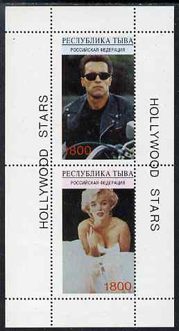 Touva 1995 Hollywood Stars #1 perf m/sheet containing 2 values (Marilyn Monroe & Schwarzenegger) unmounted mint. Note this item is privately produced and is offered purel..., stamps on personalities, stamps on films, stamps on cinema, stamps on motorbikes, stamps on marilyn monroe, stamps on movies