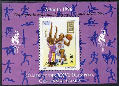 Mongolia 1996 Atlanta Olympics - Basketball 500t perf m/sheet additionally overprinted for Olympic Centenary unmounted mint SG MS 2558a, stamps on olympics, stamps on sport, stamps on basketball