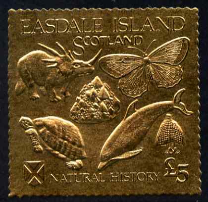 Easdale 1991 Natural History \A35 imperf souvenir sheet embossed in gold foil (perf) unmounted mint, stamps on animals, stamps on dinosaurs, stamps on whales, stamps on dolphins, stamps on butterflies, stamps on tortoise, stamps on fungi, stamps on shells, stamps on 