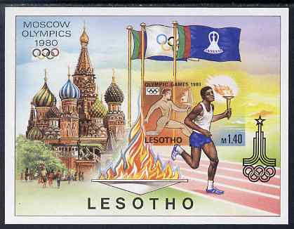 Lesotho 1980 Moscow Olympic Games imperf proof of m/sheet  unmounted mint and scarce thus, as SG MS 397, stamps on olympics, stamps on sport, stamps on torch