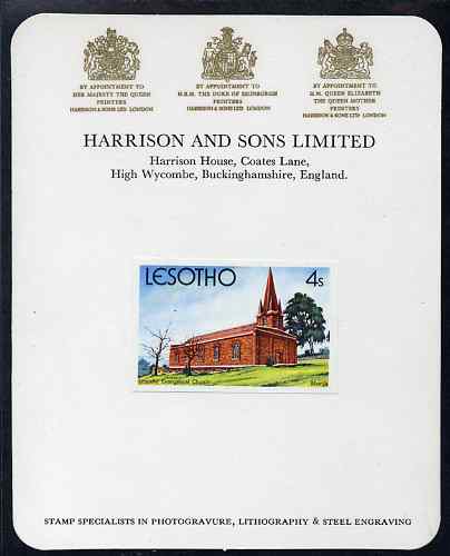 Lesotho 1980 Christmas 4s Evangelical Church imperf proof mounted on Harrison & Sons Proof card, rare thus, as SG 426, stamps on christmas, stamps on churches
