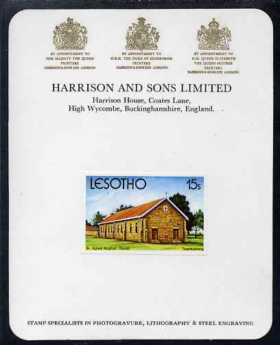 Lesotho 1980 Christmas 15s St Agnes Anglican Church imperf proof mounted on Harrison & Sons Proof card, rare thus, as SG 427, stamps on christmas, stamps on churches