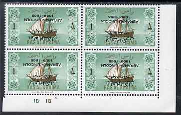 Ras Al Khaima 1965 Ships 1r with Abraham Lincoln overprint inverted, unmounted mint plate block of 4, SG 18var, stamps on constitutions, stamps on personalities, stamps on ships, stamps on usa presidents, stamps on americana, stamps on lincoln