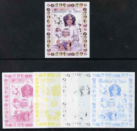 Chad 1997 Princess Diana 300f series #8 imperf deluxe sheet the set of 5 progressive proofs comprising the 4 individual colours plus all 4-colour composite, unmounted min..., stamps on personalities, stamps on diana, stamps on royalty, stamps on women