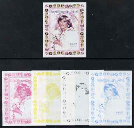 Chad 1997 Princess Diana 300f series #9 imperf deluxe sheet the set of 5 progressive proofs comprising the 4 individual colours plus all 4-colour composite, unmounted mint, stamps on personalities, stamps on diana, stamps on royalty, stamps on women