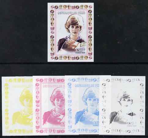 Chad 1997 Princess Diana 450f series #3 imperf deluxe sheet the set of 5 progressive proofs comprising the 4 individual colours plus all 4-colour composite, unmounted min..., stamps on personalities, stamps on diana, stamps on royalty, stamps on women