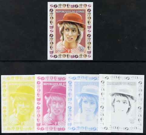 Guinea - Conakry 1997 Princess Diana 200f series #1 imperf deluxe sheet the set of 5 progressive proofs comprising the 4 individual colours plus all 4-colour composite, unmounted mint, stamps on , stamps on  stamps on personalities, stamps on  stamps on diana, stamps on  stamps on royalty, stamps on  stamps on women