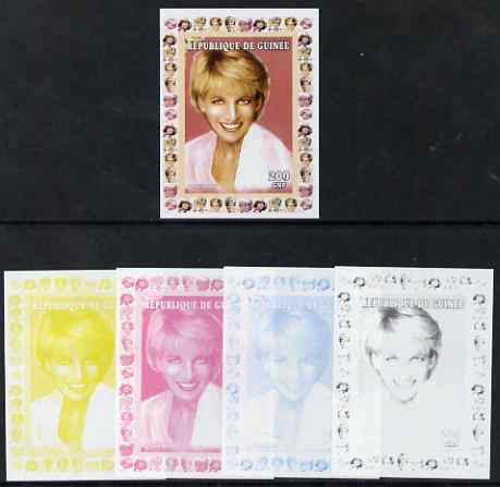 Guinea - Conakry 1997 Princess Diana 200f series #3 imperf deluxe sheet the set of 5 progressive proofs comprising the 4 individual colours plus all 4-colour composite, u..., stamps on personalities, stamps on diana, stamps on royalty, stamps on women