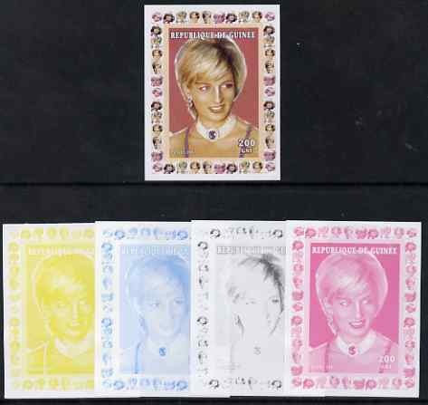 Guinea - Conakry 1997 Princess Diana 200f series #5 imperf deluxe sheet the set of 5 progressive proofs comprising the 4 individual colours plus all 4-colour composite, unmounted mint, stamps on personalities, stamps on diana, stamps on royalty, stamps on women