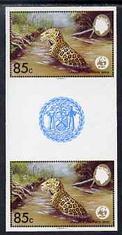 Belize 1983 WWF - Jaguar 85c (Jaguar in river) imperf inter-paneau gutter pair from uncut proof sheet, unmounted mint, as SG 758, stamps on animals, stamps on cats, stamps on  wwf , stamps on 
