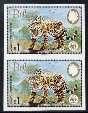 Belize 1983 WWF - Jaguar $1 (Jaguar on rock) imperf pair from uncut proof sheet, unmounted mint, as SG 759, stamps on animals, stamps on cats, stamps on  wwf , stamps on 