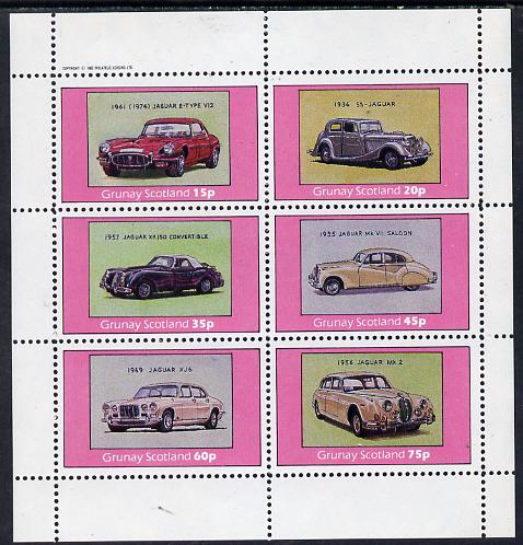 Grunay 1982 Jaguar Cars (E-Type, XJ6, Mk 2 etc) perf set of 6 values (15p to 75p) unmounted mint, stamps on cars, stamps on jaguar