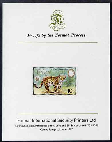 Belize 1983 WWF - Jaguar 10c (Adult Jaguar) imperf proof mounted on Format International Proof card, as SG 757, stamps on animals, stamps on cats, stamps on  wwf , stamps on 