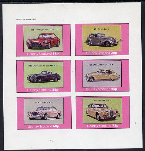 Grunay 1982 Jaguar Cars (E-Type, XJ6, Mk 2 etc) imperf set of 6 values (15p to 75p) unmounted mint, stamps on cars, stamps on jaguar