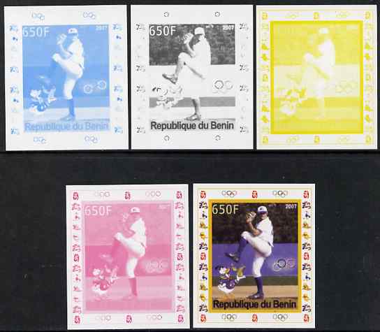 Benin 2007 Baseball #01 deluxe sheet with Olympic Rings & Disney Character, the set of 5 imperf progressive proofs comprising the 4 individual colours plus all 4-colour composite, unmounted mint , stamps on sport, stamps on olympics, stamps on baseball, stamps on disney