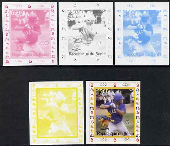 Benin 2007 Baseball #02 deluxe sheet with Olympic Rings & Disney Character, the set of 5 imperf progressive proofs comprising the 4 individual colours plus all 4-colour composite, unmounted mint , stamps on sport, stamps on olympics, stamps on baseball, stamps on disney
