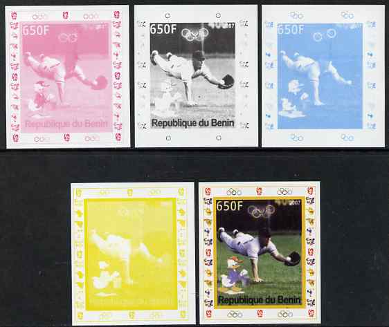 Benin 2007 Baseball #03 deluxe sheet with Olympic Rings & Disney Character, the set of 5 imperf progressive proofs comprising the 4 individual colours plus all 4-colour composite, unmounted mint , stamps on sport, stamps on olympics, stamps on baseball, stamps on disney