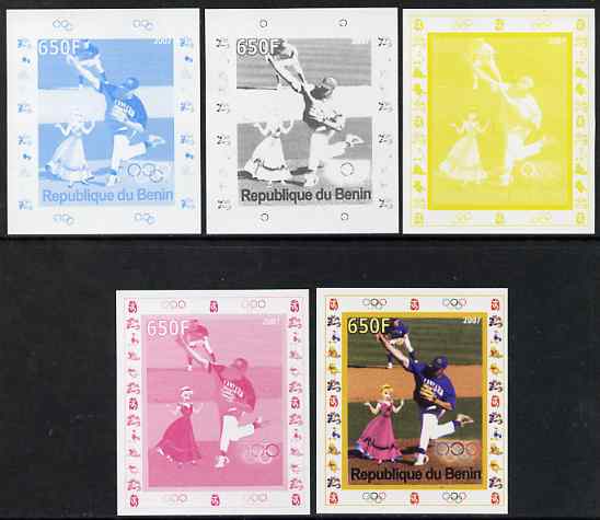 Benin 2007 Baseball #04 deluxe sheet with Olympic Rings & Disney Character, the set of 5 imperf progressive proofs comprising the 4 individual colours plus all 4-colour c..., stamps on sport, stamps on olympics, stamps on baseball, stamps on disney