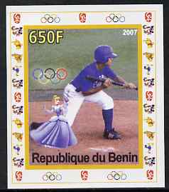 Benin 2007 Baseball #05 individual imperf deluxe sheet with Olympic Rings & Disney Character unmounted mint, stamps on sport, stamps on olympics, stamps on baseball, stamps on disney