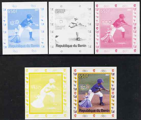 Benin 2007 Baseball #05 deluxe sheet with Olympic Rings & Disney Character, the set of 5 imperf progressive proofs comprising the 4 individual colours plus all 4-colour c..., stamps on sport, stamps on olympics, stamps on baseball, stamps on disney