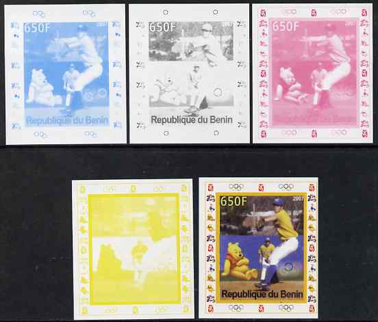 Benin 2007 Baseball #06 deluxe sheet with Olympic Rings & Disney Character, the set of 5 imperf progressive proofs comprising the 4 individual colours plus all 4-colour c..., stamps on sport, stamps on olympics, stamps on baseball, stamps on disney, stamps on teddy bears, stamps on pooh