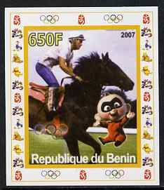 Benin 2007 Equestrian #02 individual imperf deluxe sheet with Olympic Rings & Disney Character unmounted mint, stamps on sport, stamps on olympics, stamps on equestrian, stamps on horses, stamps on show jumping, stamps on disney, stamps on 